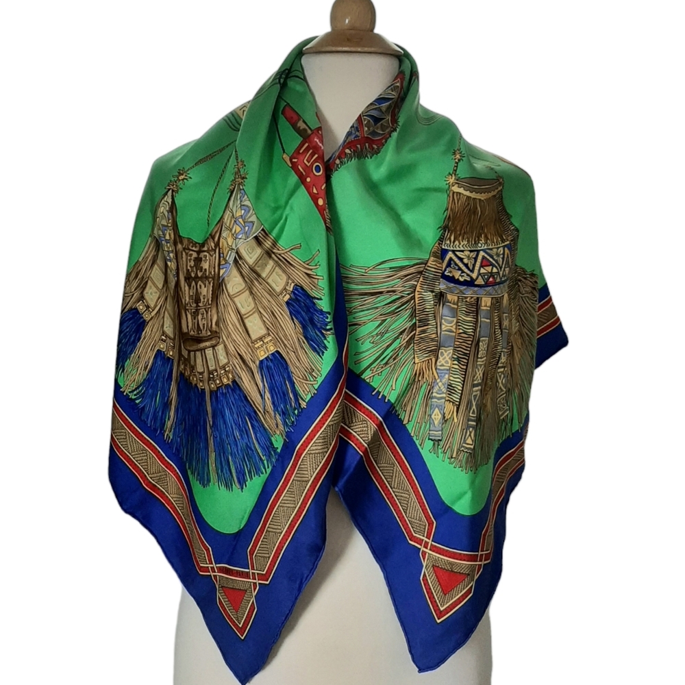 HERMÈS Cuirs du Desert Silk Twill Scarf 90cm Green/Blue